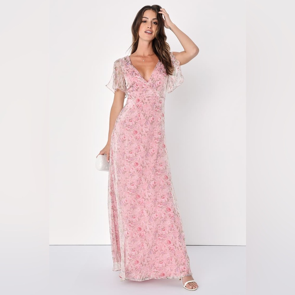 NWT Lulus Dreamiest Desires Pink Floral Flutter Sleeve Maxi Dress XS
